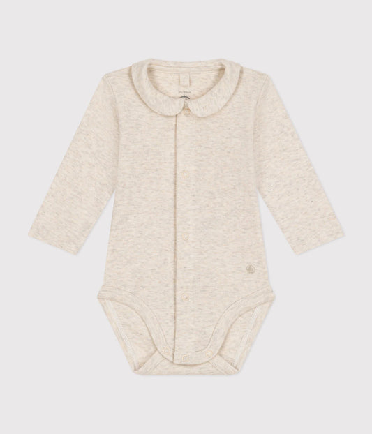 || Petit Bateau || Basis jongens babyromper voorsluiting met kraag & l/m - Beige