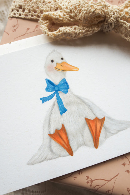 || Getekenddoorzusje || Kaart A6 - Gans met blauwe strik